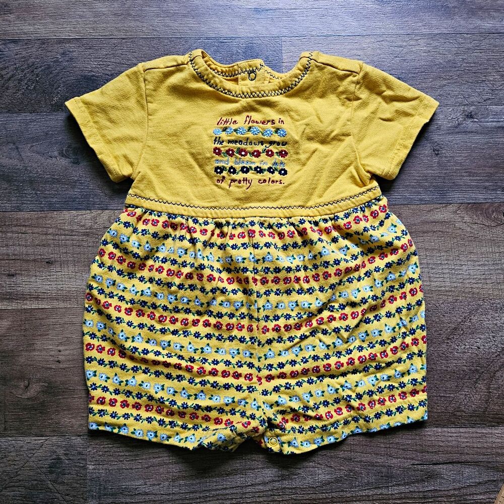 Gymboree Girls 9-12M Yellow Floral Embroidered Short Sleeve Cotton Romper